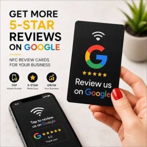 NFC Google review card held in hand next to a phone showing tap to review