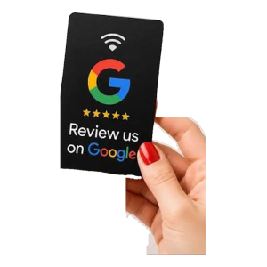 Hand holding a black NFC Google review card