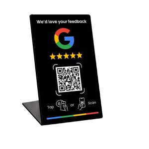 Black NFC Google review stand with QR code - tap or scan