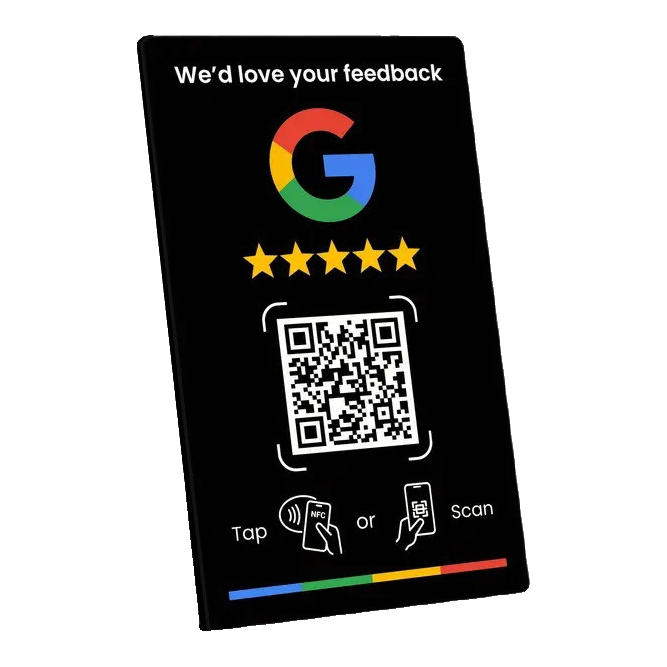 Black NFC Google review stand with QR code - tap or scan