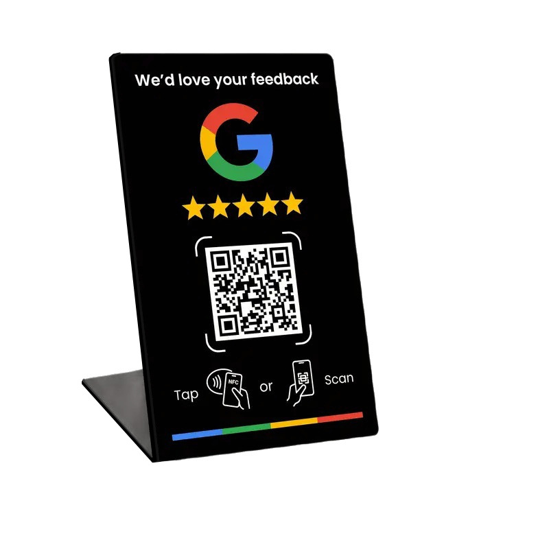 Black NFC Google review stand with QR code - tap or scan