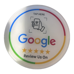 Round NFC Google review tag - tap here to review us on Google